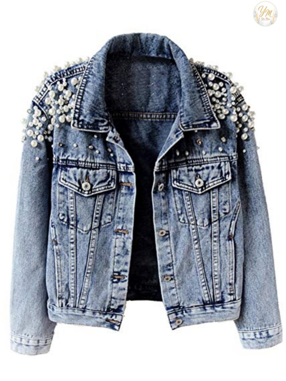 Embroidered Pearl Denim Jacket for Women Distressed Boyfriend Jean Coat